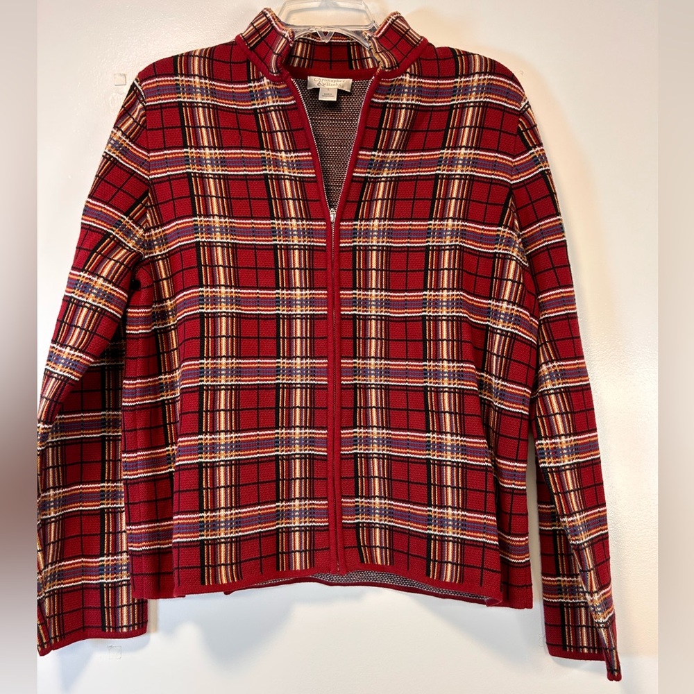 Vintage Christopher & Banks Red Plaid Women's Full‎ Zip Blazer Jacket Size Large